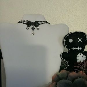 Noir Brass Bow Stamping with Rhinestone Drop on Double Chain Choker OOAK